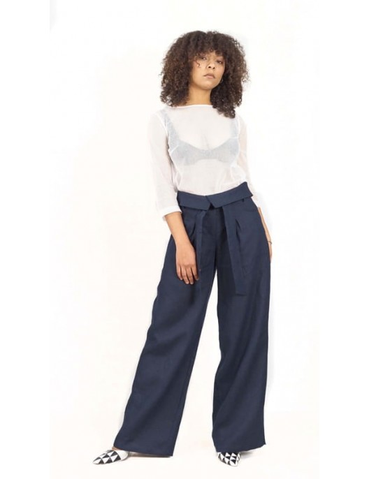 Linen long pants - navy blue